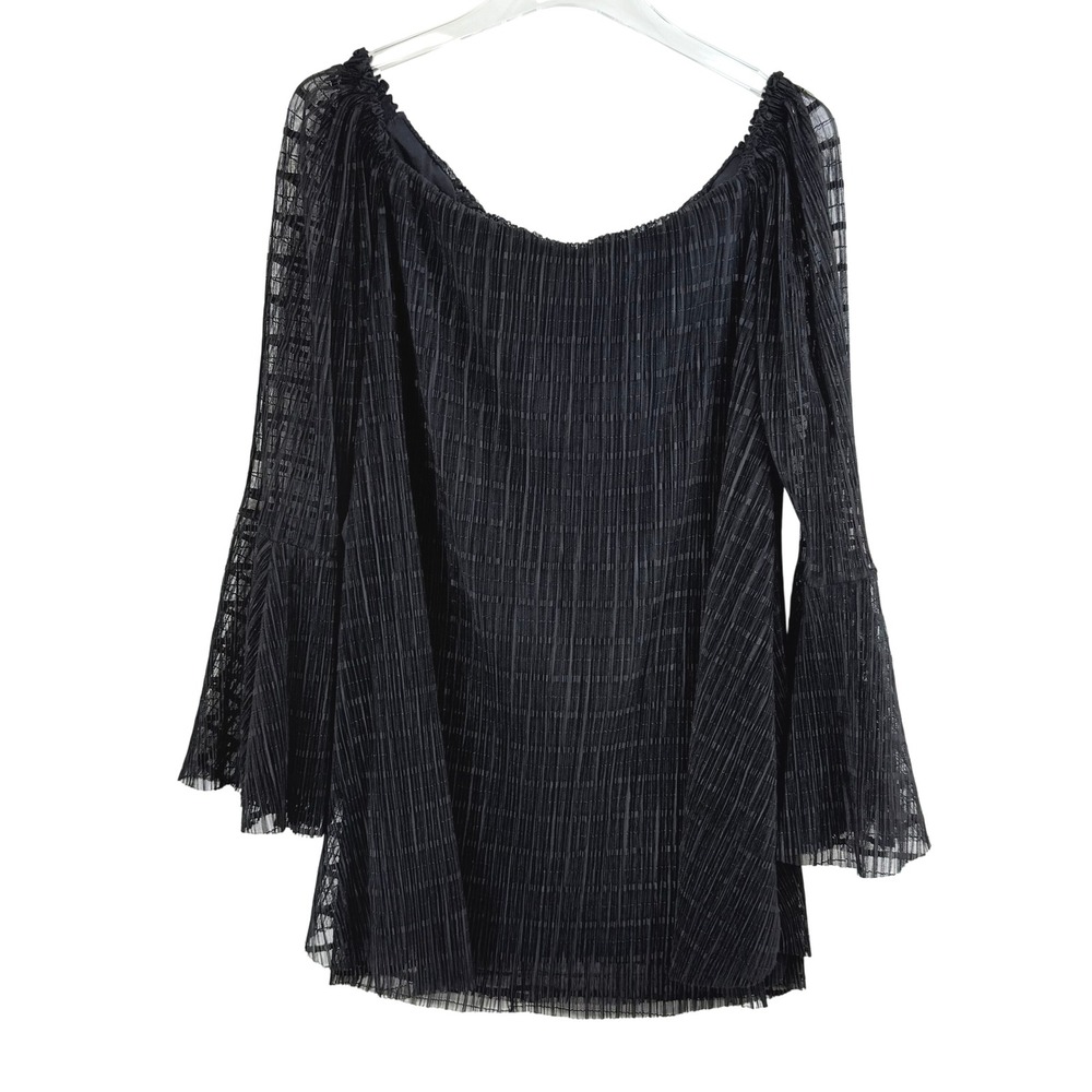 ELANA KATTAN Black Off‎ Shoulder Bell Sleeve Pleated Top BLOUSE WOMEN LARGE